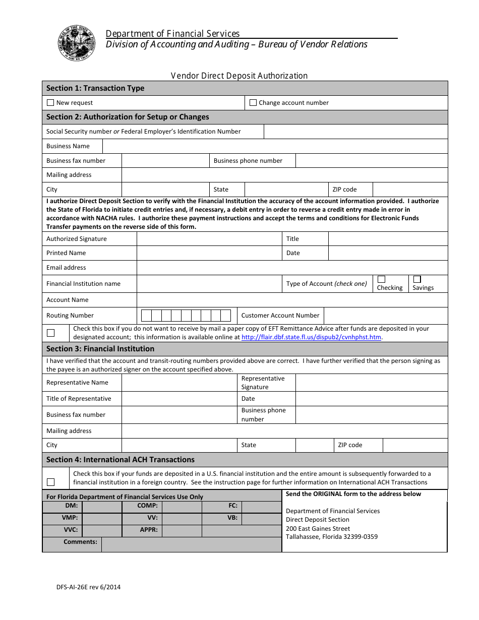 Form DFS-A1-26E Vendor Direct Deposit Authorization - Florida, Page 1