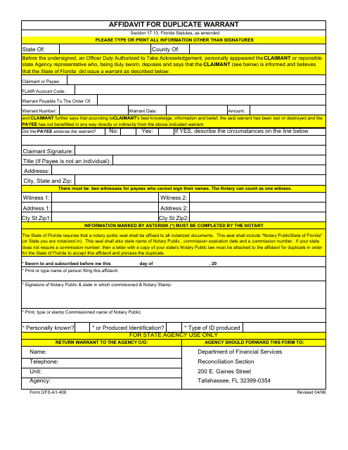 Form DFS-A1-408 Affidavit for Duplicate Warrant - Florida