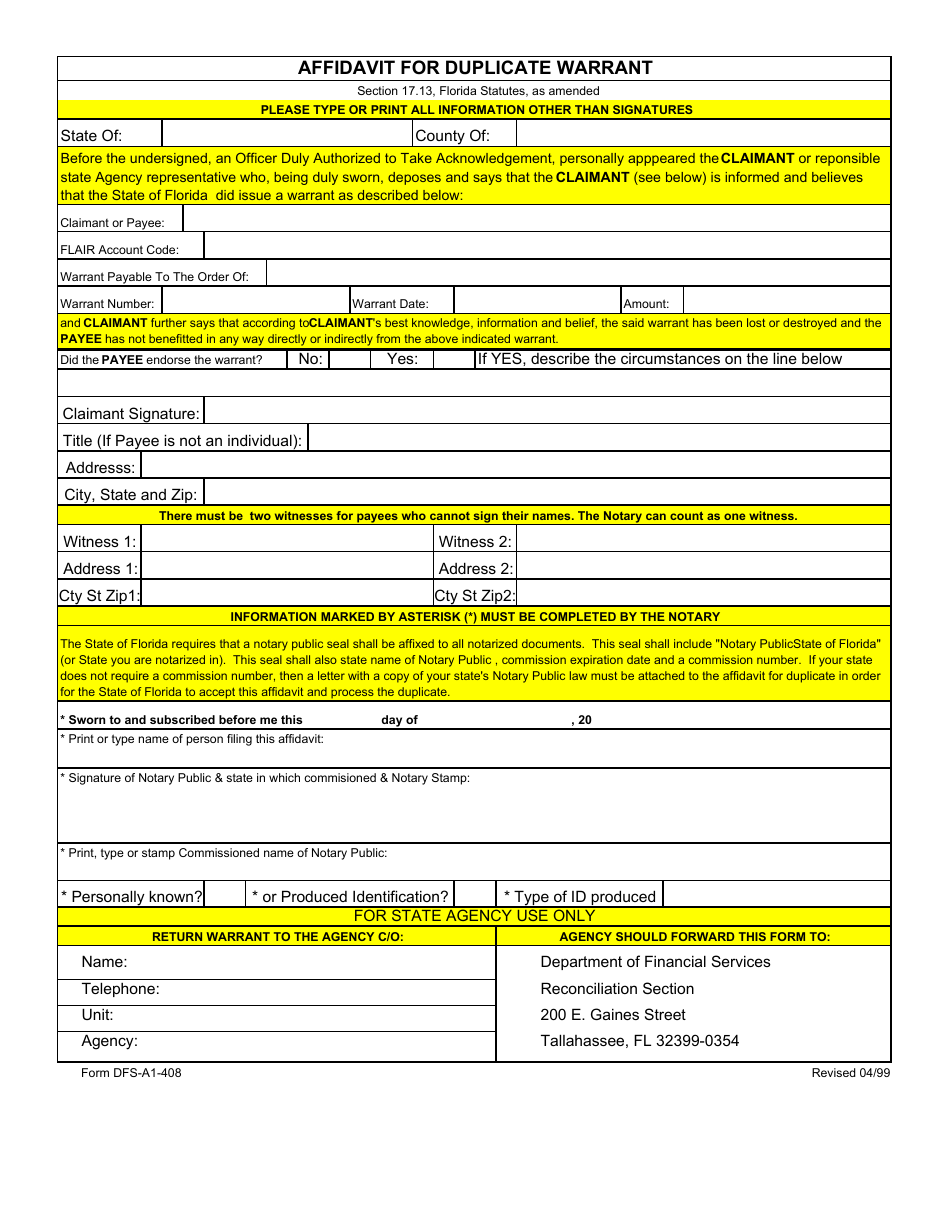 Form DFS-A1-408 Affidavit for Duplicate Warrant - Florida, Page 1