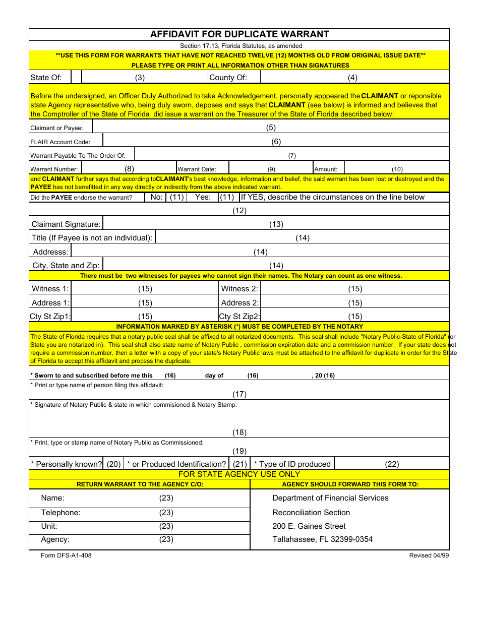 Form DFS-A1-408 Affidavit for Duplicate Warrant - Florida, Page 3