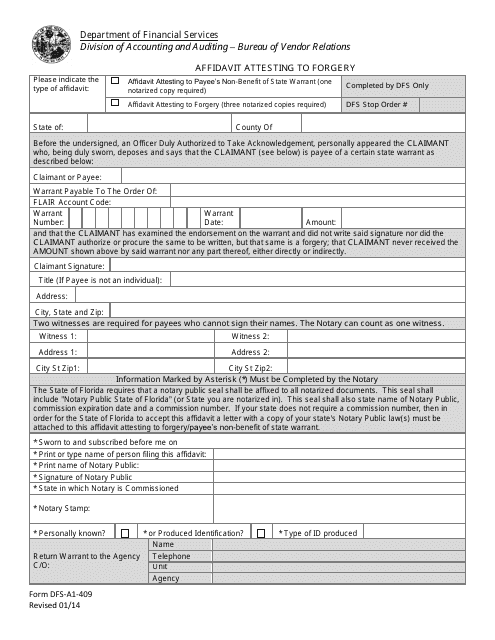 Form DFS-A1-409 Affidavit Attesting to Forgery - Florida