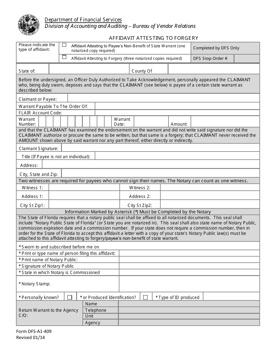 Form DFS-A1-409 Affidavit Attesting to Forgery - Florida, Page 1