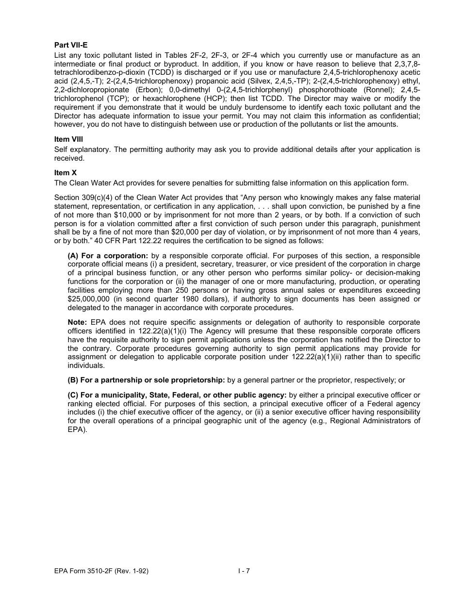 EPA Form 3510-2F (NPDES Form 2F) Application for Permit to Discharge Storm Water Discharges Associated With Industrial Activity, Page 13
