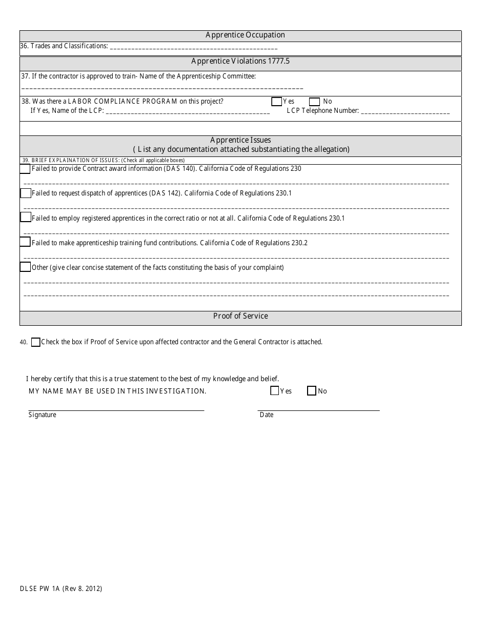 DLSE Form PW1A Public Works - Public Complaint - California, Page 2