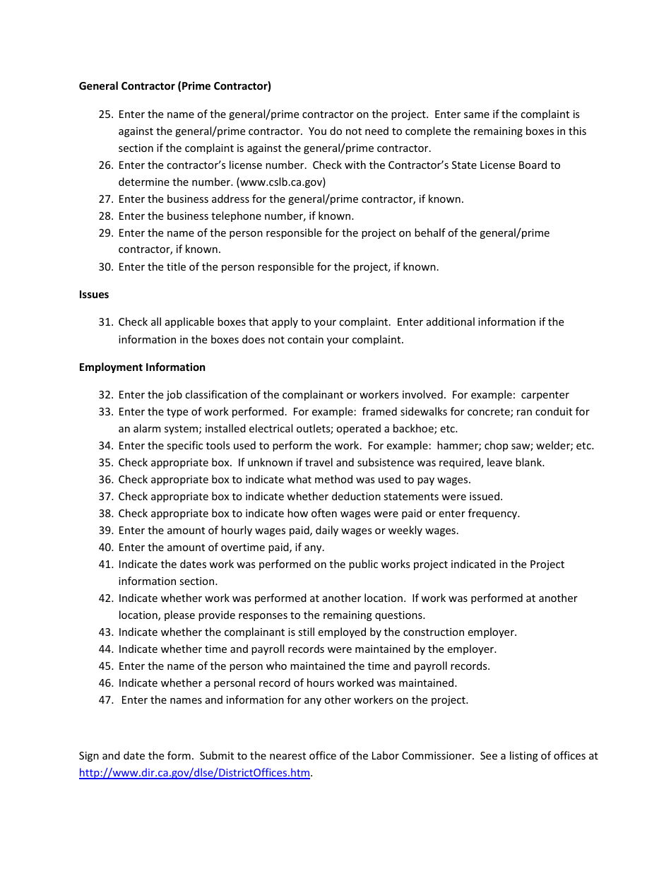 Instructions for DLSE Form PW-1 Public Works - Initial Report - California, Page 2