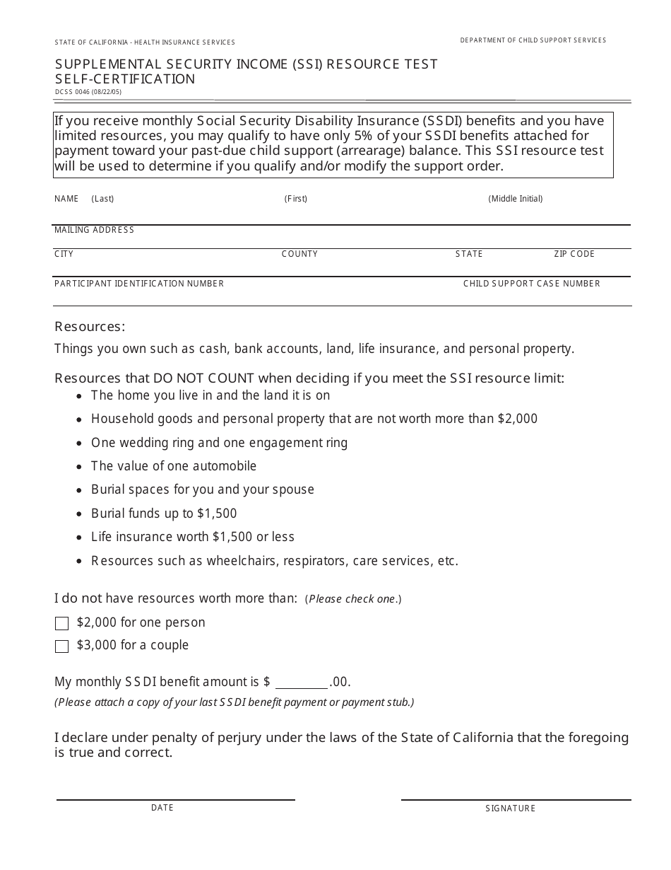 Form DCSS0046 Supplemental Security Income (Ssi) Resource Test Self-certification - California, Page 1