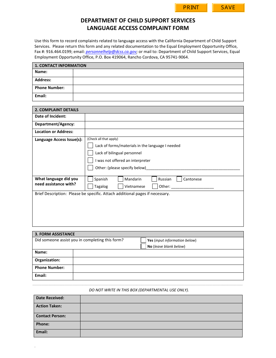 Language Access Complaint Form - California, Page 1