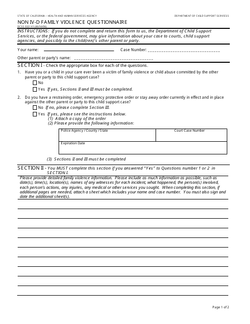 Form DCSS0321 Non IV-D Family Violence Questionnaire - California