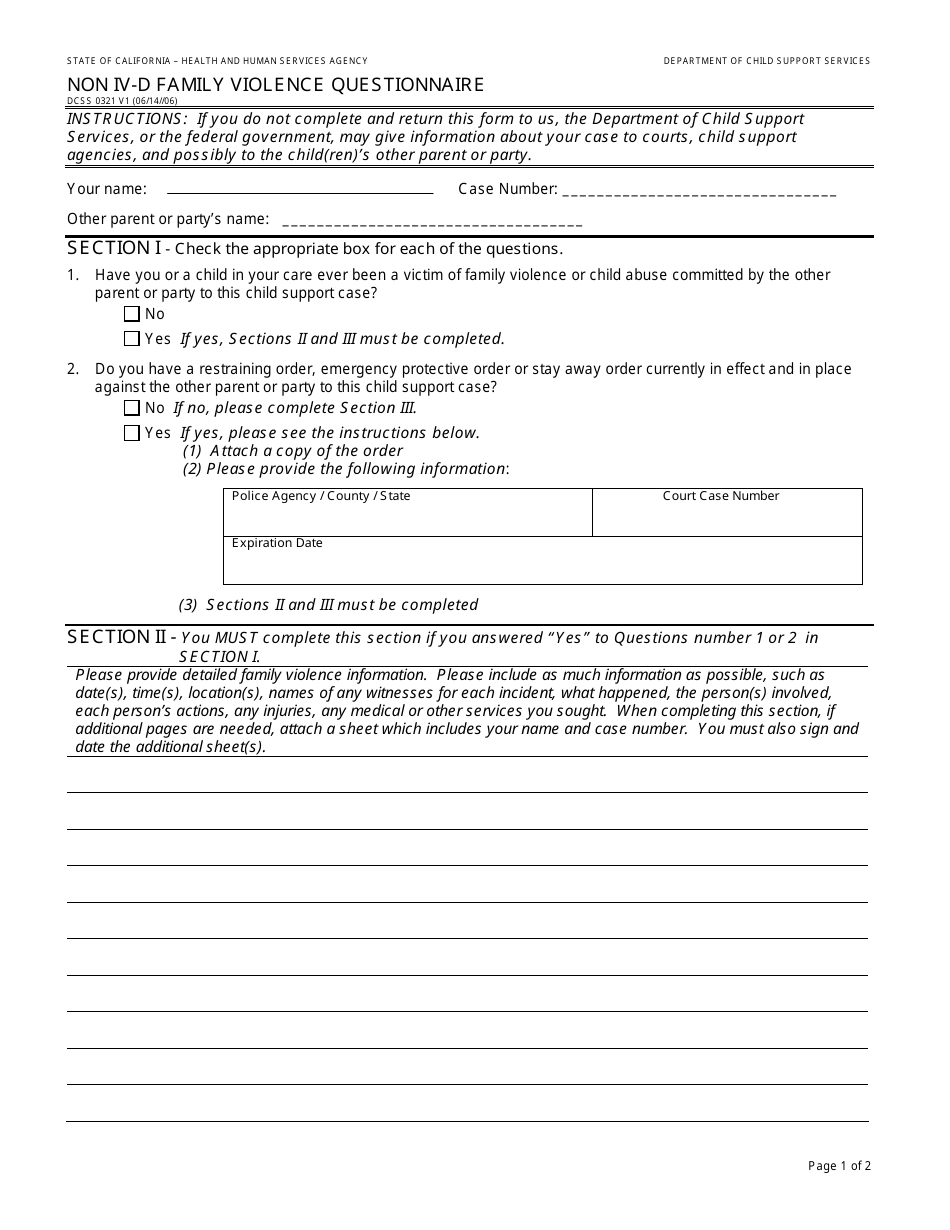Form DCSS0321 Non IV-D Family Violence Questionnaire - California, Page 1