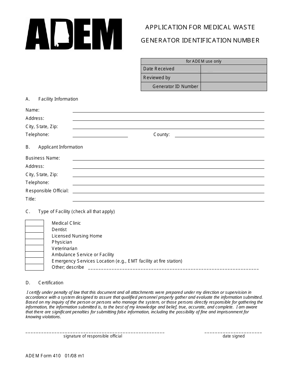 ADEM Form 410 Application for Medical Waste - Generator Identification Number - Alabama, Page 1