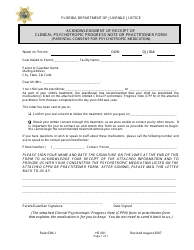 Document preview: DJJ Form HS001 Acknowledgment of Receipt of Clinical Psychotropic Progress Note or Practitioner Form (Parental Consent for Psychotropic Medication) - Florida