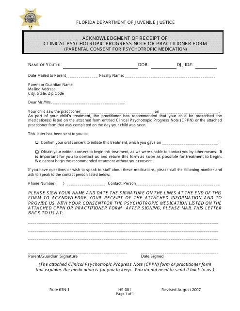 DJJ Form HS001 Acknowledgment of Receipt of Clinical Psychotropic Progress Note or Practitioner Form (Parental Consent for Psychotropic Medication) - Florida