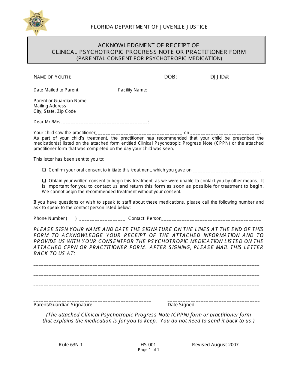 DJJ Form HS001 Acknowledgment of Receipt of Clinical Psychotropic Progress Note or Practitioner Form (Parental Consent for Psychotropic Medication) - Florida, Page 1