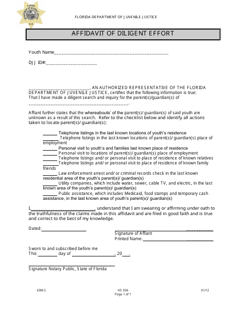 DJJ Form HS056 Affidavit of Diligent Effort - Florida