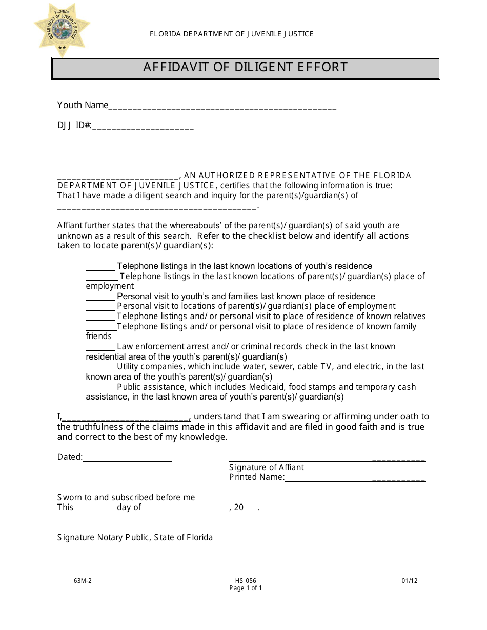 DJJ Form HS056 Affidavit of Diligent Effort - Florida, Page 1