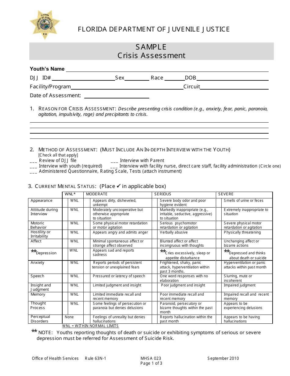 DJJ Form MHSA023 Crisis Assessment - Sample - Florida, Page 1