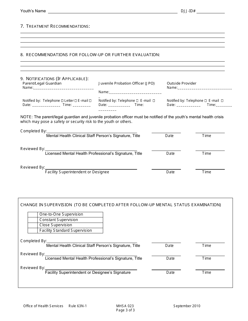 DJJ Form MHSA023 Crisis Assessment - Sample - Florida, Page 3