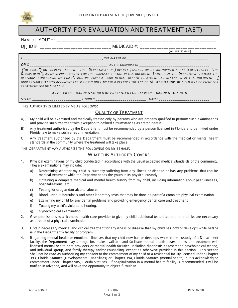 DJJ Form HS002 Authority for Evaluation and Treatment (Aet) - Florida, Page 1