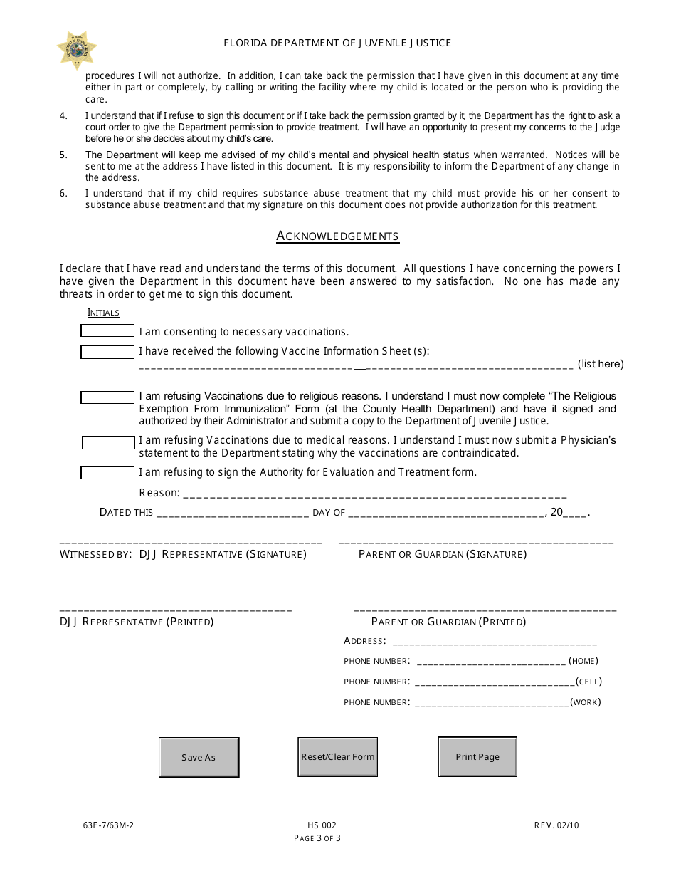 DJJ Form HS002 Authority for Evaluation and Treatment (Aet) - Florida, Page 3