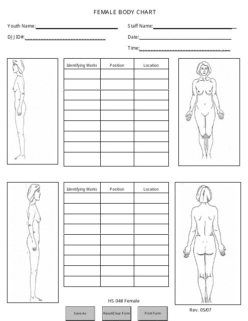 DJJ Form HS048 Female Body Chart - Florida