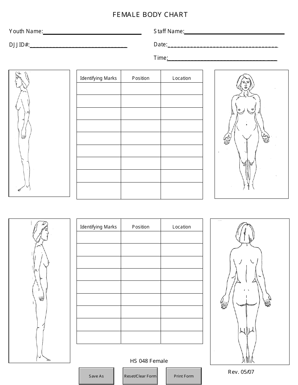 DJJ Form HS048 Female Body Chart - Florida, Page 1