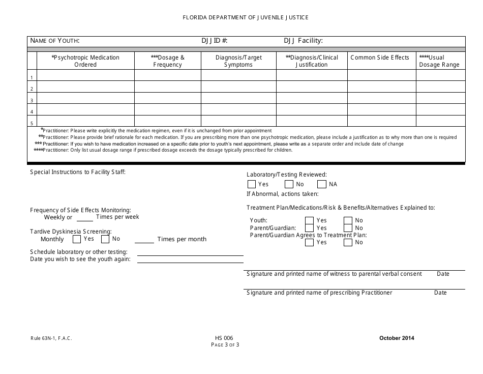 DJJ Form HS006 Clinical Psychotropic Progress Note - Florida, Page 3