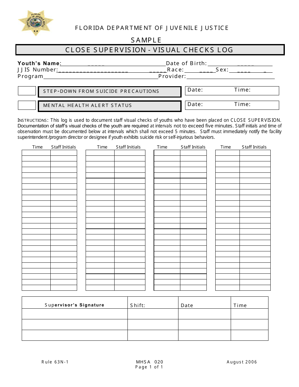 DJJ Form MHSA020 Close Supervision - Visual Checks Log - Sample - Florida, Page 1