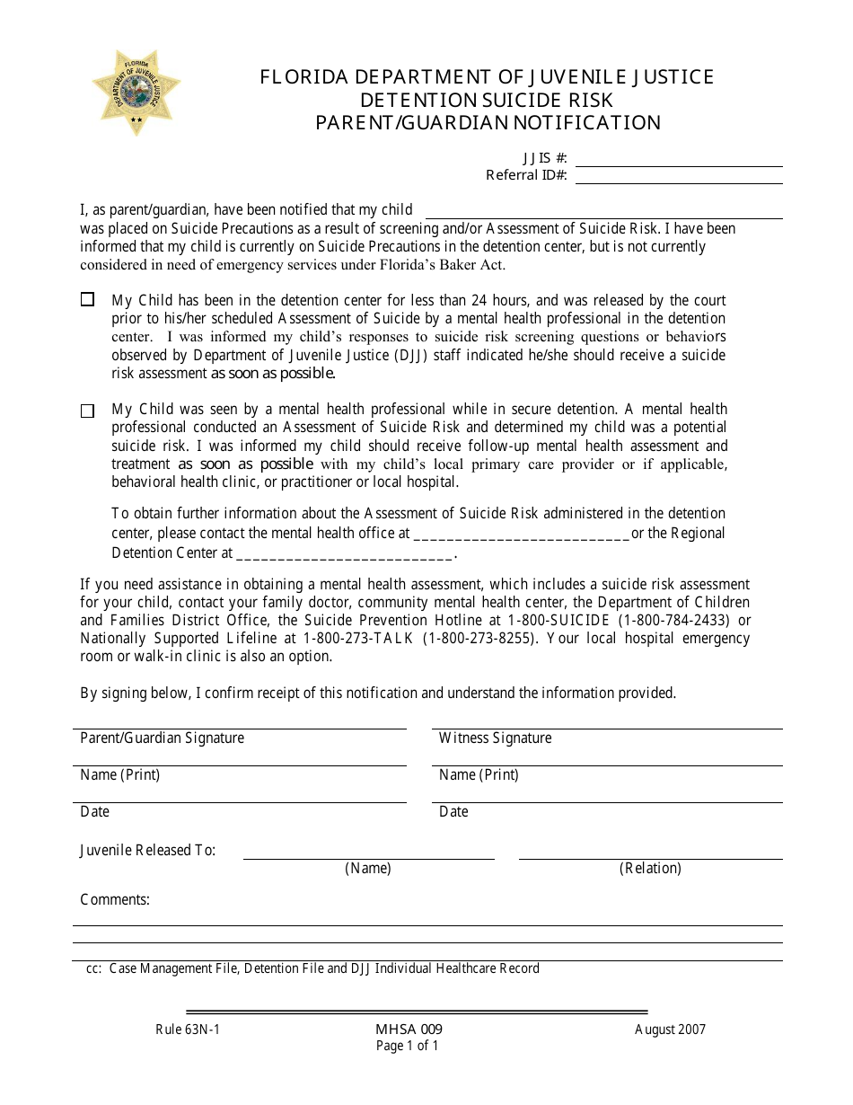 DJJ Form MHSA009 Detention Suicide Risk Parent / Guardian Notification - Florida, Page 1