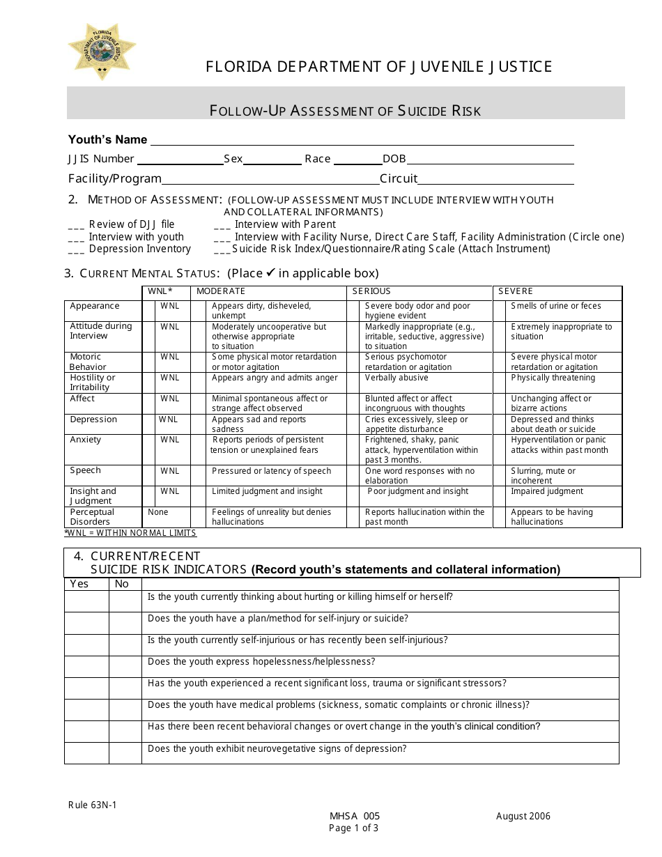 DJJ Form MHSA005 Follow-Up Assessment of Suicide Risk - Florida, Page 1