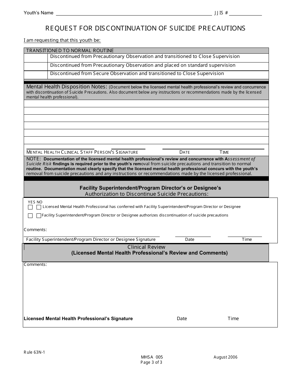 DJJ Form MHSA005 Follow-Up Assessment of Suicide Risk - Florida, Page 3