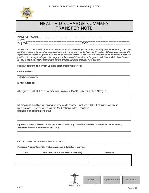 DJJ Form HS012 Health Discharge Summary Transfer Note - Florida