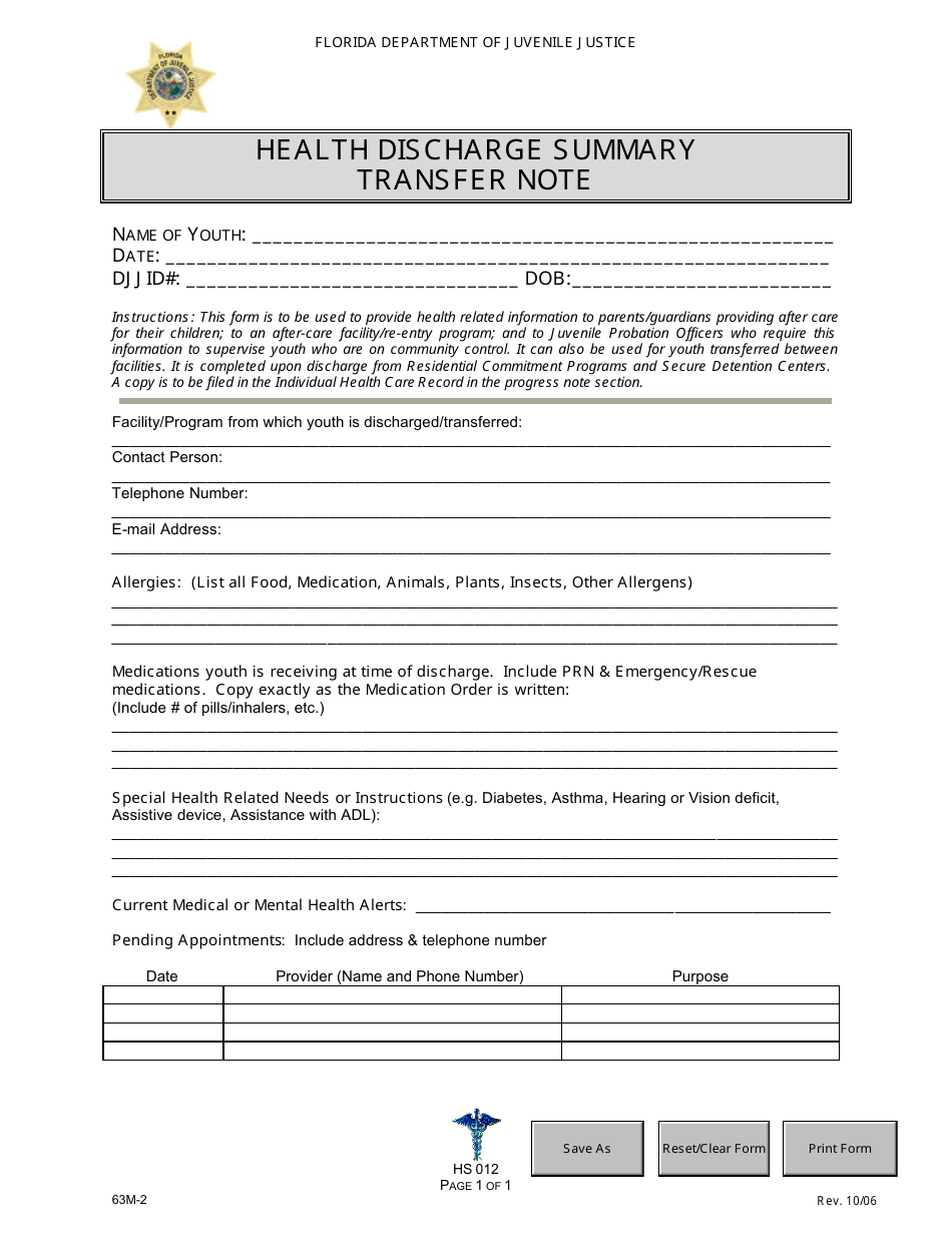 DJJ Form HS012 Health Discharge Summary Transfer Note - Florida, Page 1