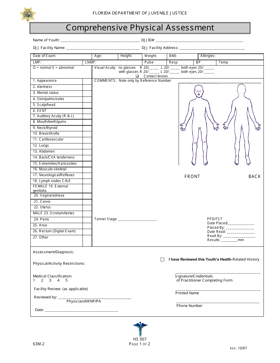 DJJ Form HS007 Comprehensive Physical Assessment - Florida, Page 1