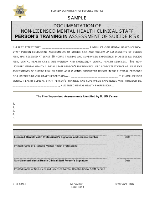 DJJ Form MHSA022 Documentation of Non-licensed Mental Health Clinical Staff Person's Training in Assessment of Suicide Risk - Sample - Florida