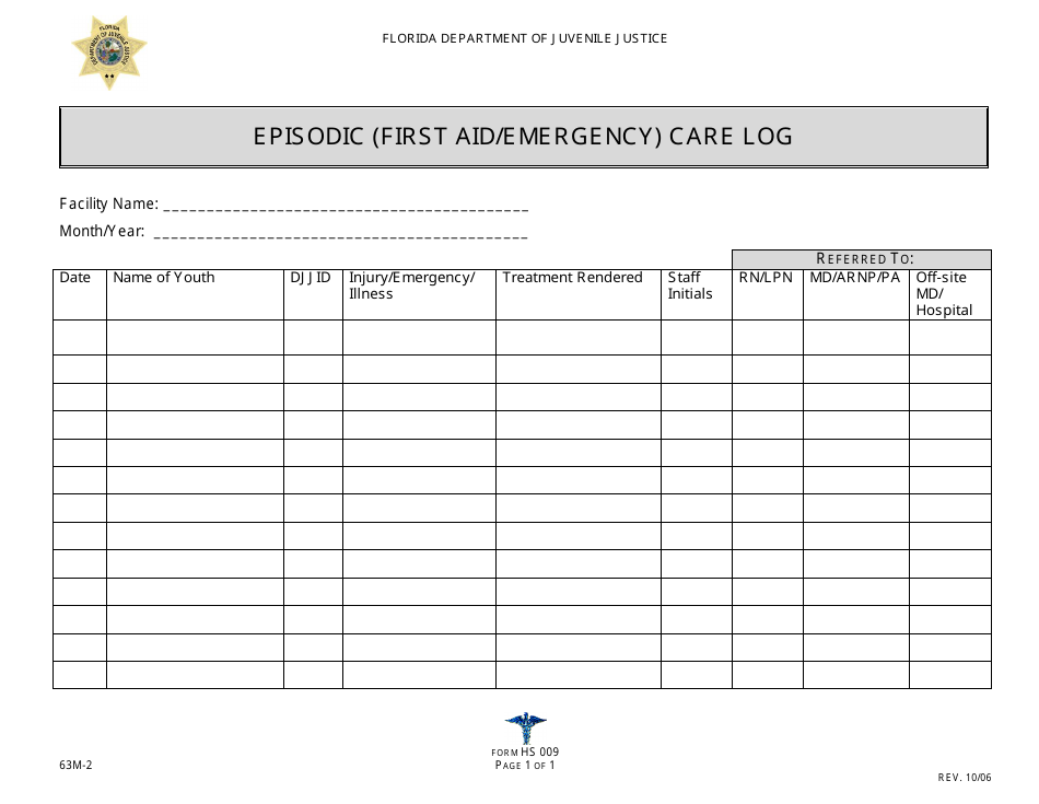 DJJ Form HS009 Episodic (First Aid / Emergency) Care Log - Florida, Page 1