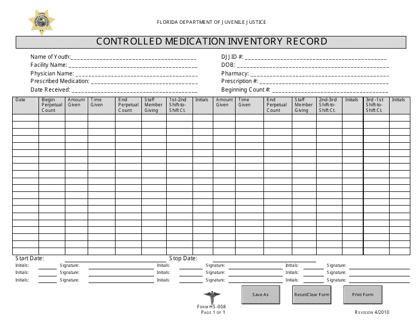 DJJ Form HS-008 Controlled Medication Inventory Record - Florida