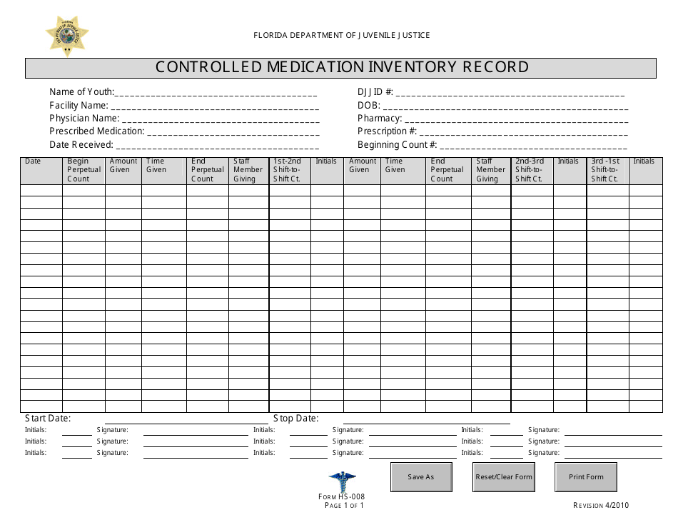 DJJ Form HS-008 Controlled Medication Inventory Record - Florida, Page 1