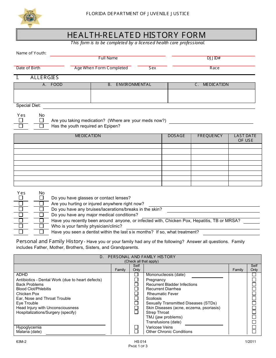 DJJ Form HS014 Health-Related History Form - Florida, Page 1
