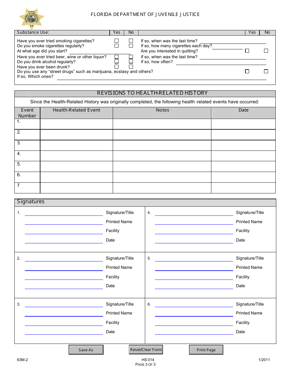 DJJ Form HS014 Health-Related History Form - Florida, Page 3