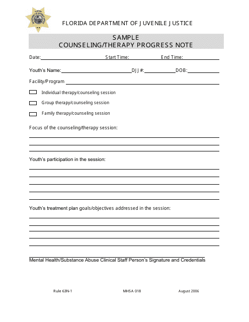 DJJ Form MHSA018 Counseling/Therapy Progress Note - Sample - Florida