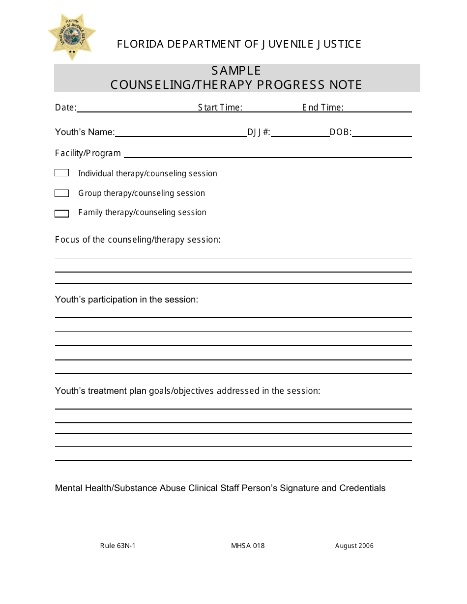 DJJ Form MHSA018 Counseling / Therapy Progress Note - Sample - Florida, Page 1
