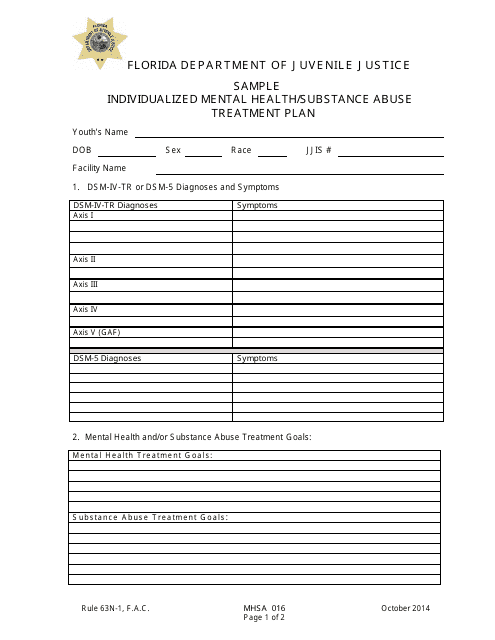 DJJ Form MHSA016 Individualized Mental Health/Substance Abuse Treatment Plan - Sample - Florida