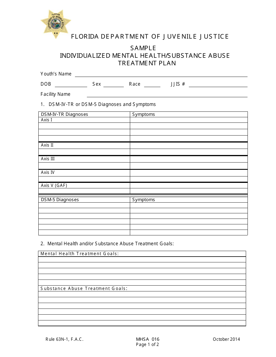 DJJ Form MHSA016 Individualized Mental Health / Substance Abuse Treatment Plan - Sample - Florida, Page 1