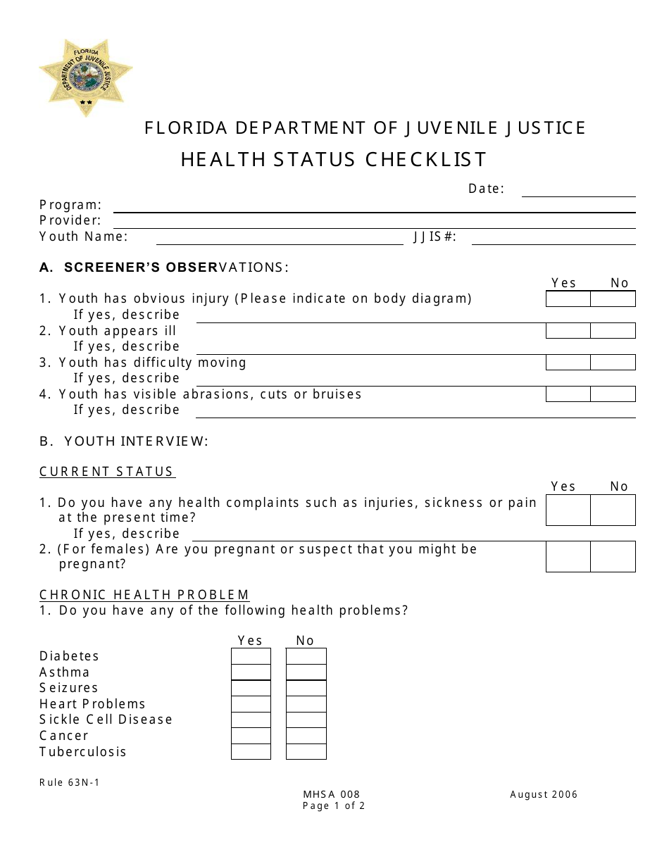 DJJ Form MHSA008 Health Status Checklist - Florida, Page 1