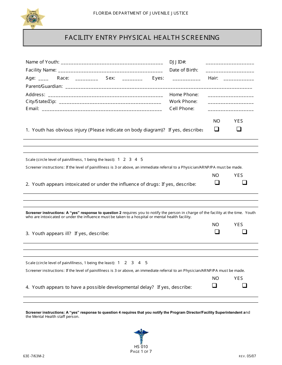 DJJ Form HS010 Download Printable PDF Or Fill Online Facility Entry 