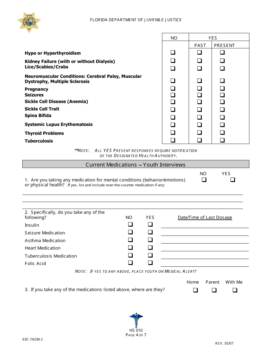 DJJ Form HS010 Facility Entry Physical Health Screening - Florida, Page 4