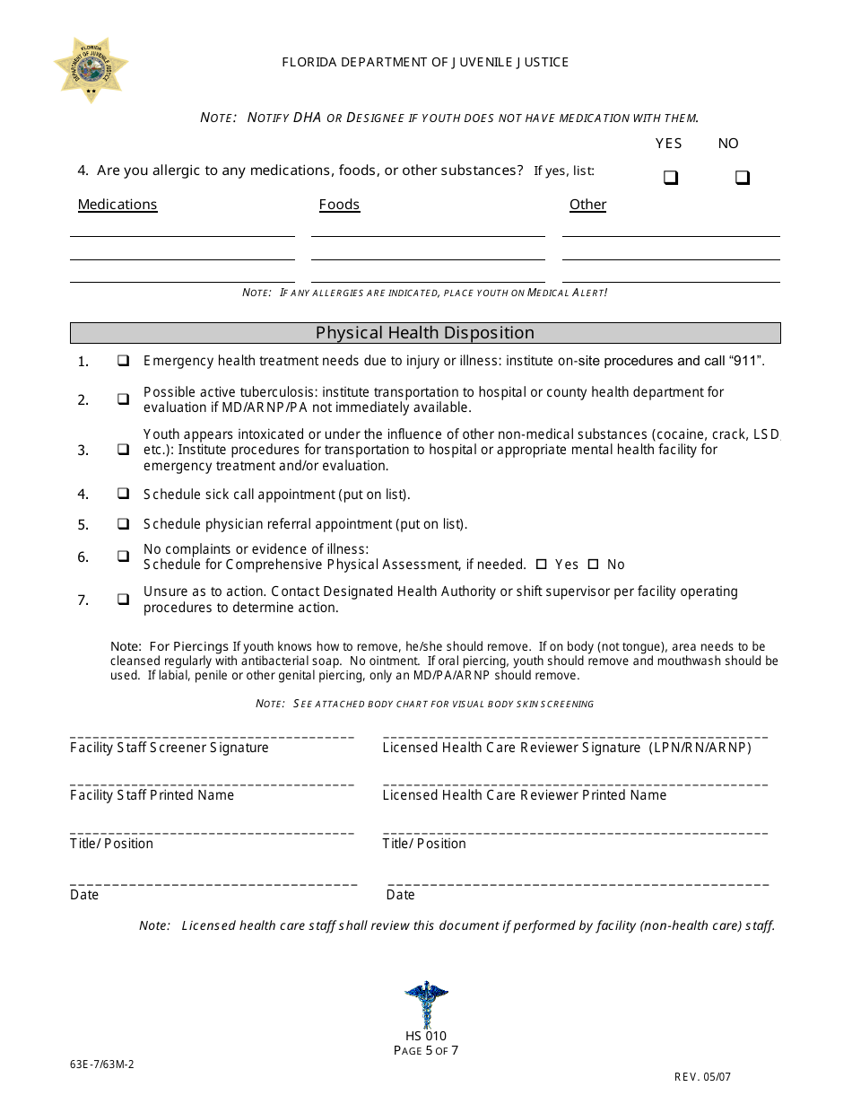 DJJ Form HS010 Facility Entry Physical Health Screening - Florida, Page 5
