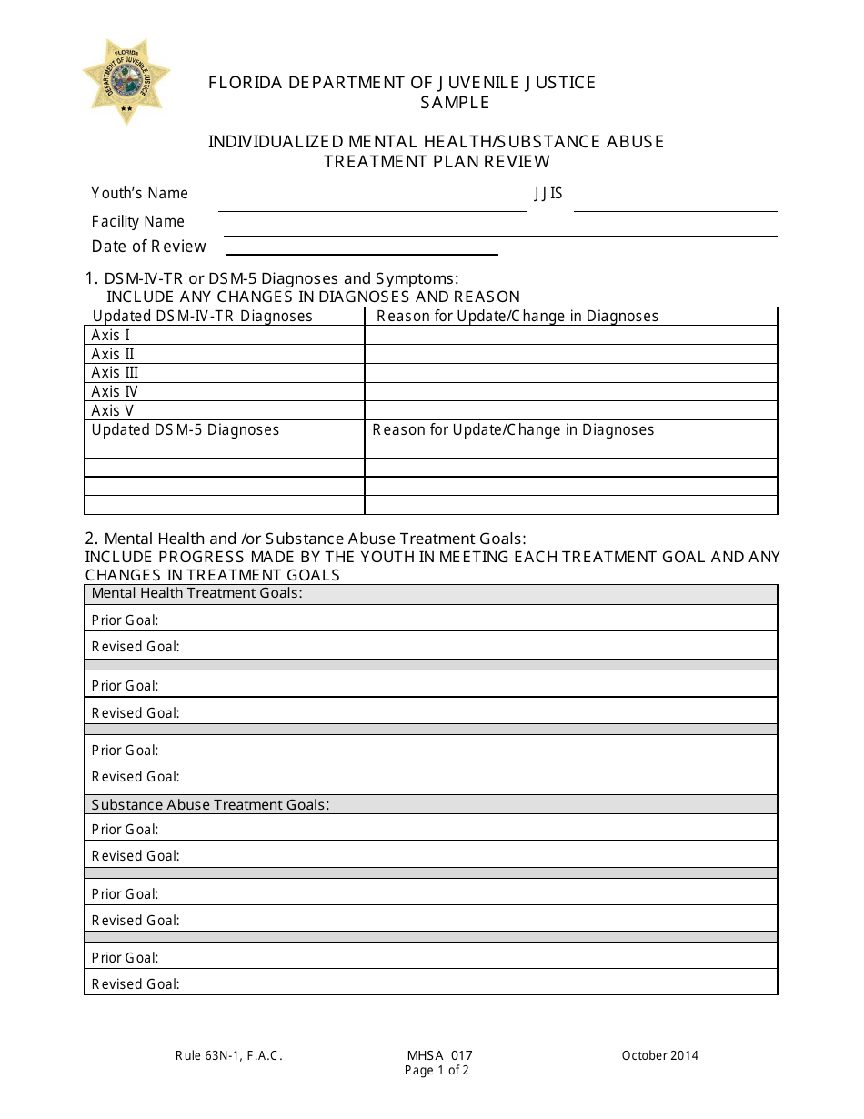 DJJ Form MHSA017 Individualized Mental Health / Substance Abuse Treatment Plan Review - Sample - Florida, Page 1