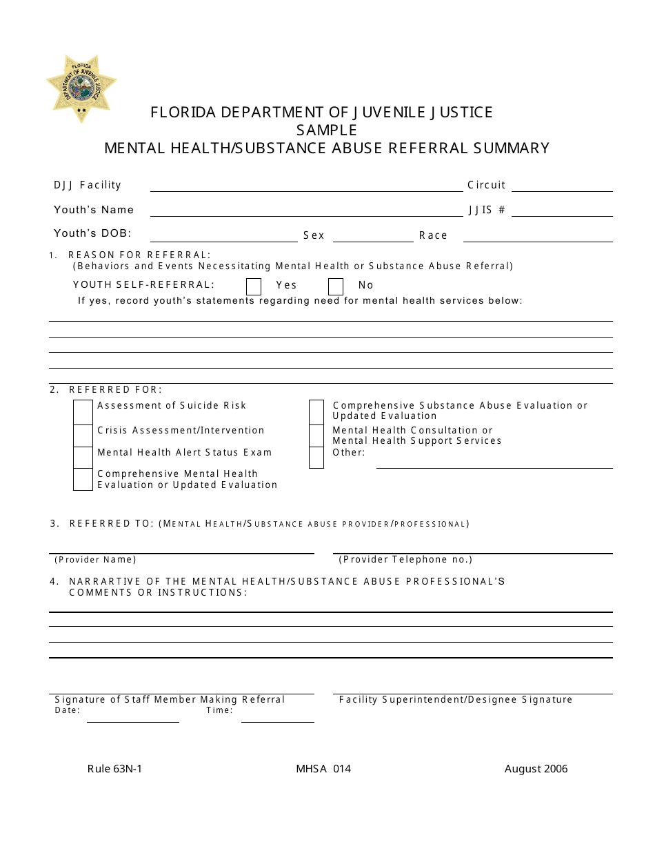 DJJ Form MHSA014 Mental Health / Substance Abuse Referral Summary - Sample - Florida, Page 1