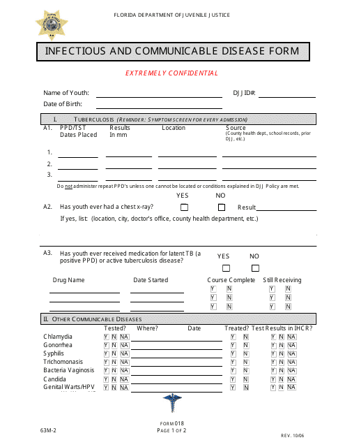 DJJ Form HS018 Infectious and Communicable Disease Form - Florida